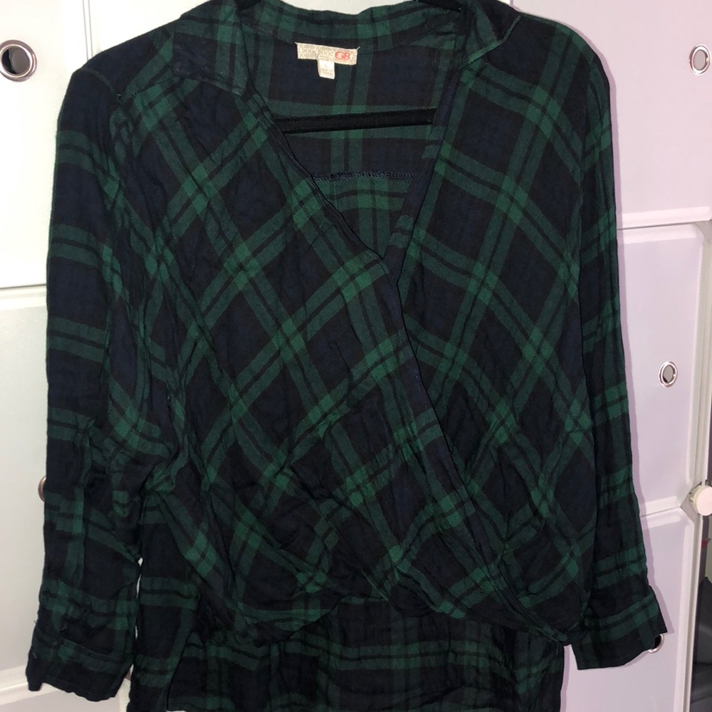 Gianni Bini Plaid swoop top Fall Christmas Holiday Navy Green Checks PLAID Large